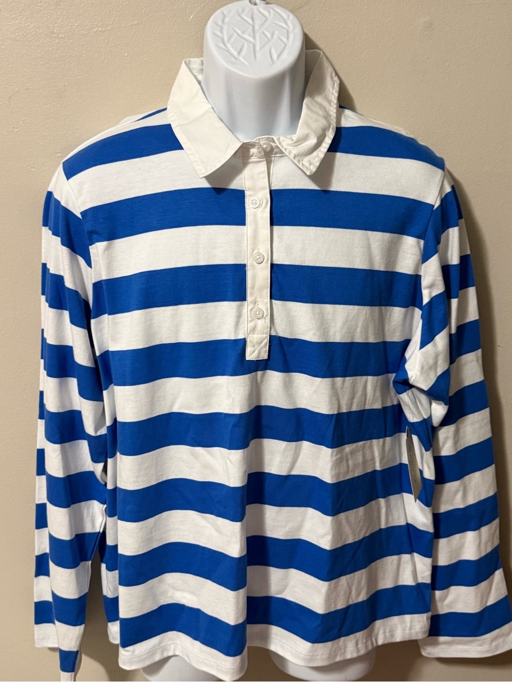 St. John's Bay Blue and White Horizontal Stripe Long-Sleeve Polo
